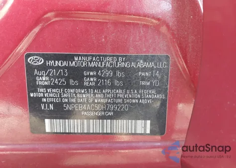 2013 Hyundai Sonata Gls z USA, uszkodzony, nr VIN 5NPEB4AC5DH799220